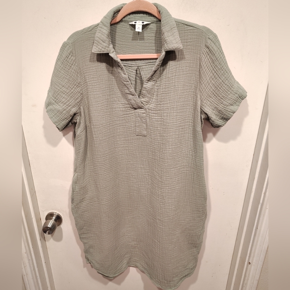 Three Dots Women's Sage Green Gauze Shirt Dress Sz M Casual Travel Beach Resort